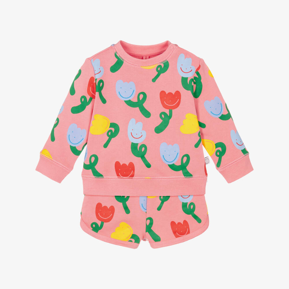 Stella McCartney Kids-Girls Pink Cotton Shorts Set with Cheerful Tulip Print | Childrensalon