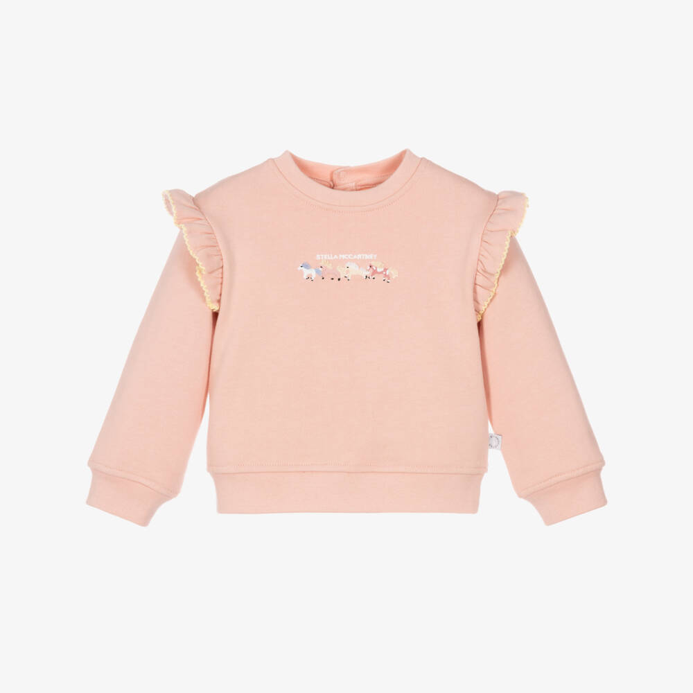Stella McCartney Kids-Girls Pink Cotton Sweatshirt with Embroidered Horses | Childrensalon