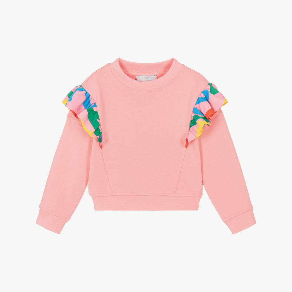 Stella McCartney Kids-Girls Pink Cotton Sweatshirt with Vibrant Ruffles | Childrensalon