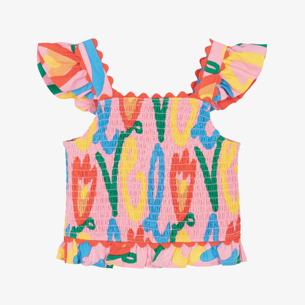 Stella McCartney Kids-Girls Pink Cotton Top with Tulip Love Print | Childrensalon