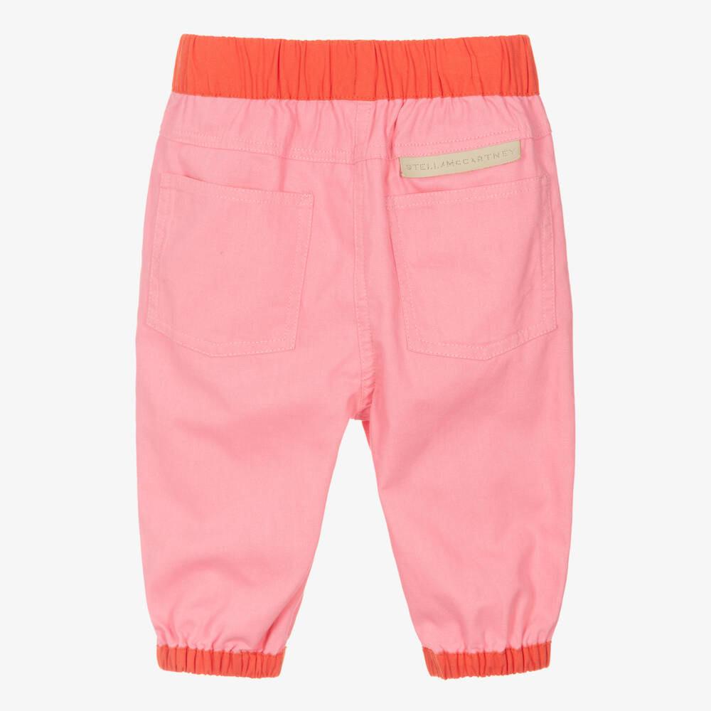 Stella McCartney Kids-Girls Pink Cotton Twill Trousers with Floral Appliqués | Childrensalon