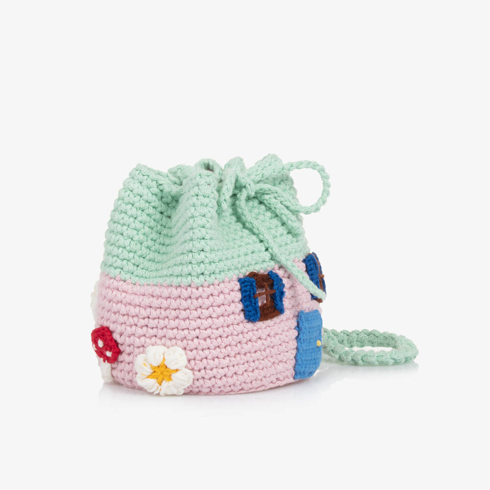 Stella McCartney Kids-Girls Pink Crochet House Handbag (18cm) | Childrensalon