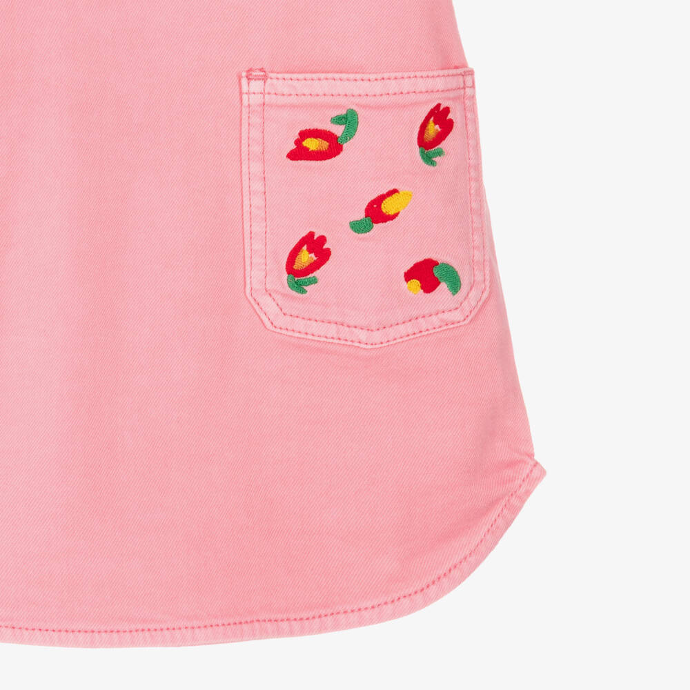 Stella McCartney Kids-Girls Pink Denim Dress with Flower Embroidery | Childrensalon