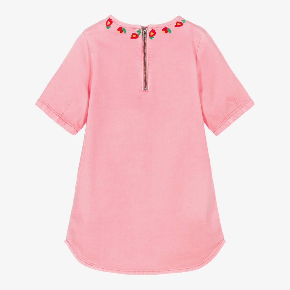 Stella McCartney Kids-Girls Pink Denim Dress with Flower Embroidery | Childrensalon