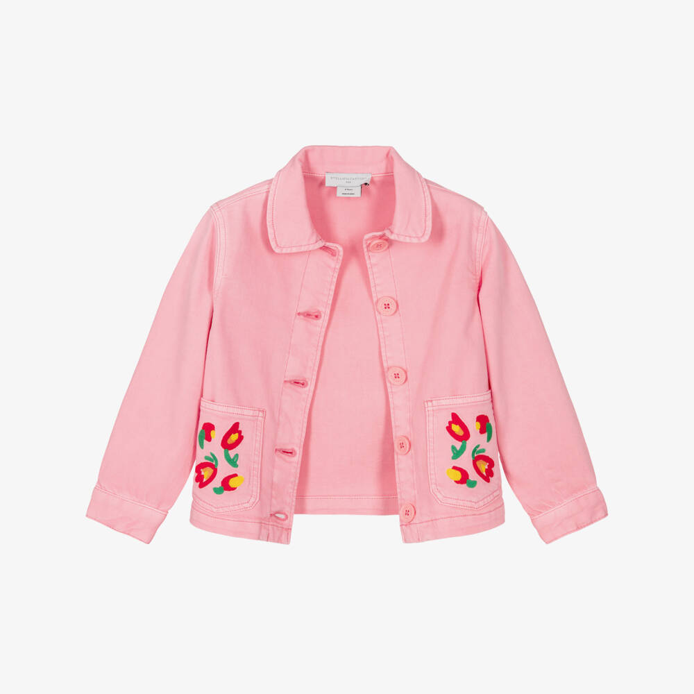 Stella McCartney Kids-Girls Pink Denim Jacket with Embroidered Pocket | Childrensalon