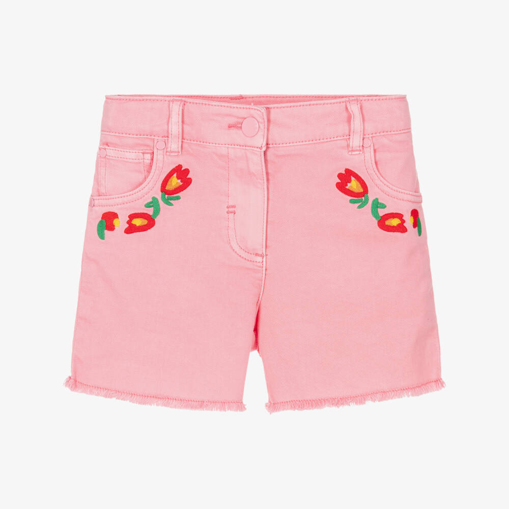 Stella McCartney Kids-Girls Pink Denim Shorts with Flower Embroidery | Childrensalon