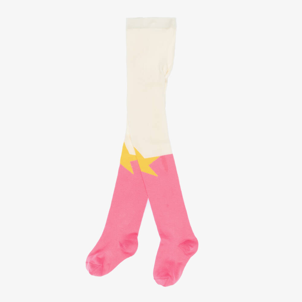 Stella McCartney Kids-Girls Pink & Ivory Cotton Tights with Yellow Stars | Childrensalon