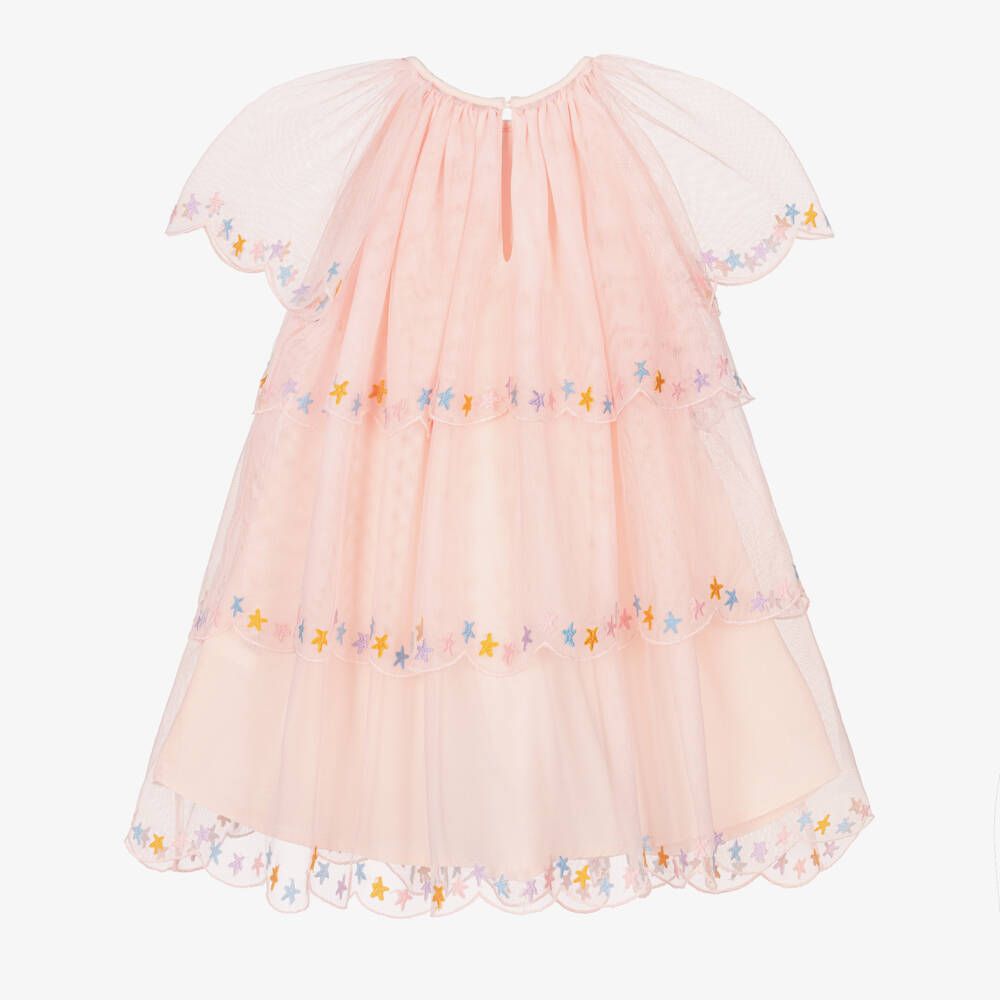 Stella McCartney Kids-Girls Pink Layered Tulle Dress with Embroidered Stars | Childrensalon