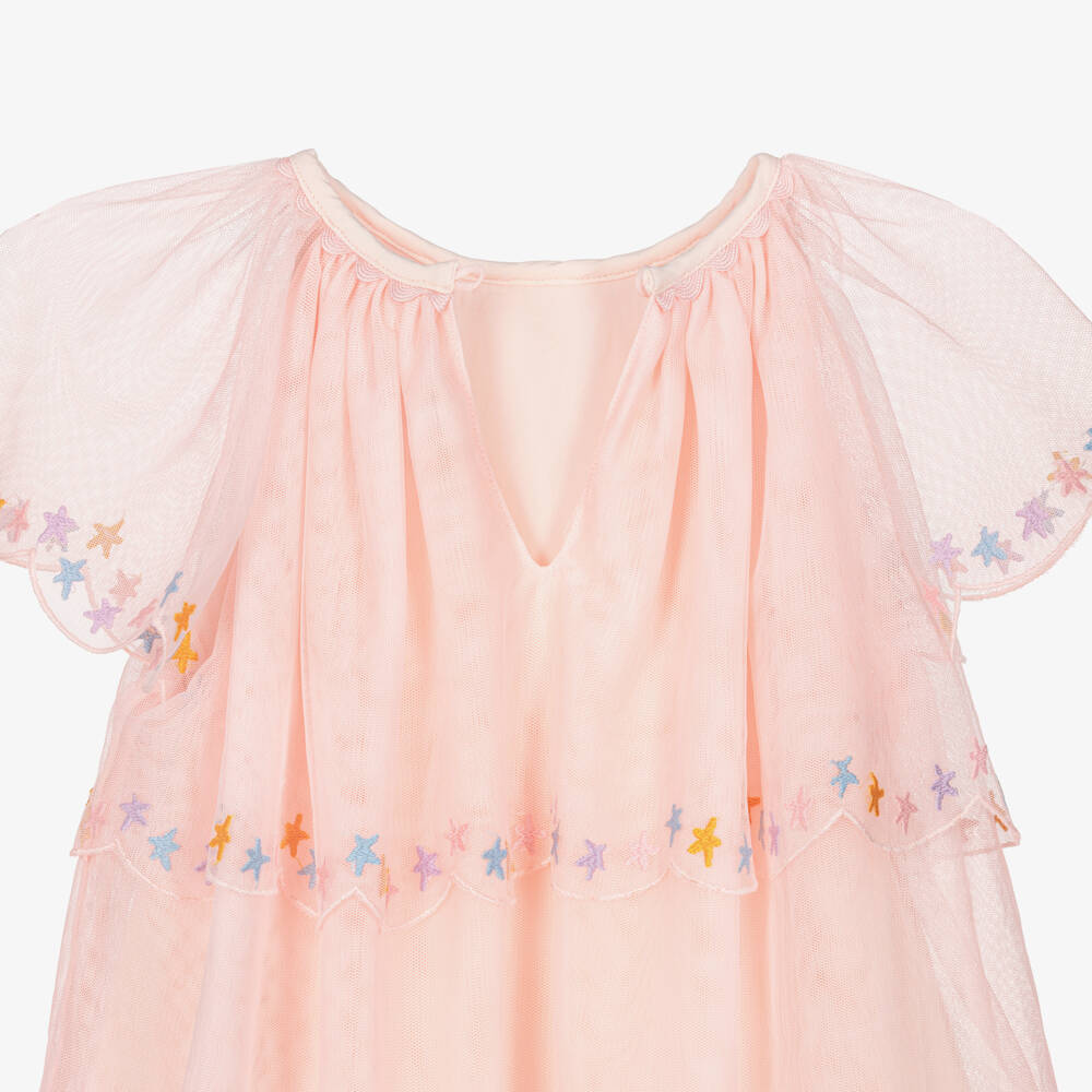 Stella McCartney Kids-Girls Pink Layered Tulle Dress with Embroidered Stars | Childrensalon