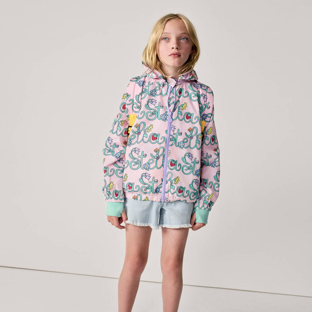 Stella McCartney Kids-Girls Pink Logo Pattern Jacket with Detachable Hood | Childrensalon
