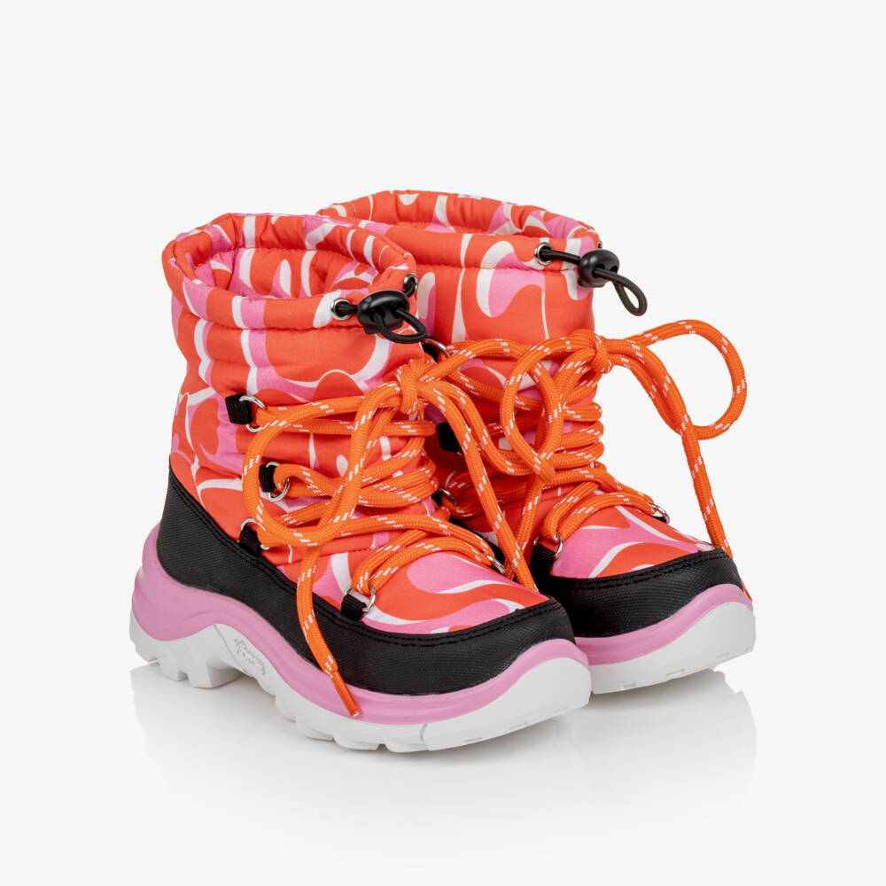 Stella McCartney Kids-Girls Pink & Orange Logo Print Snow Boots | Childrensalon