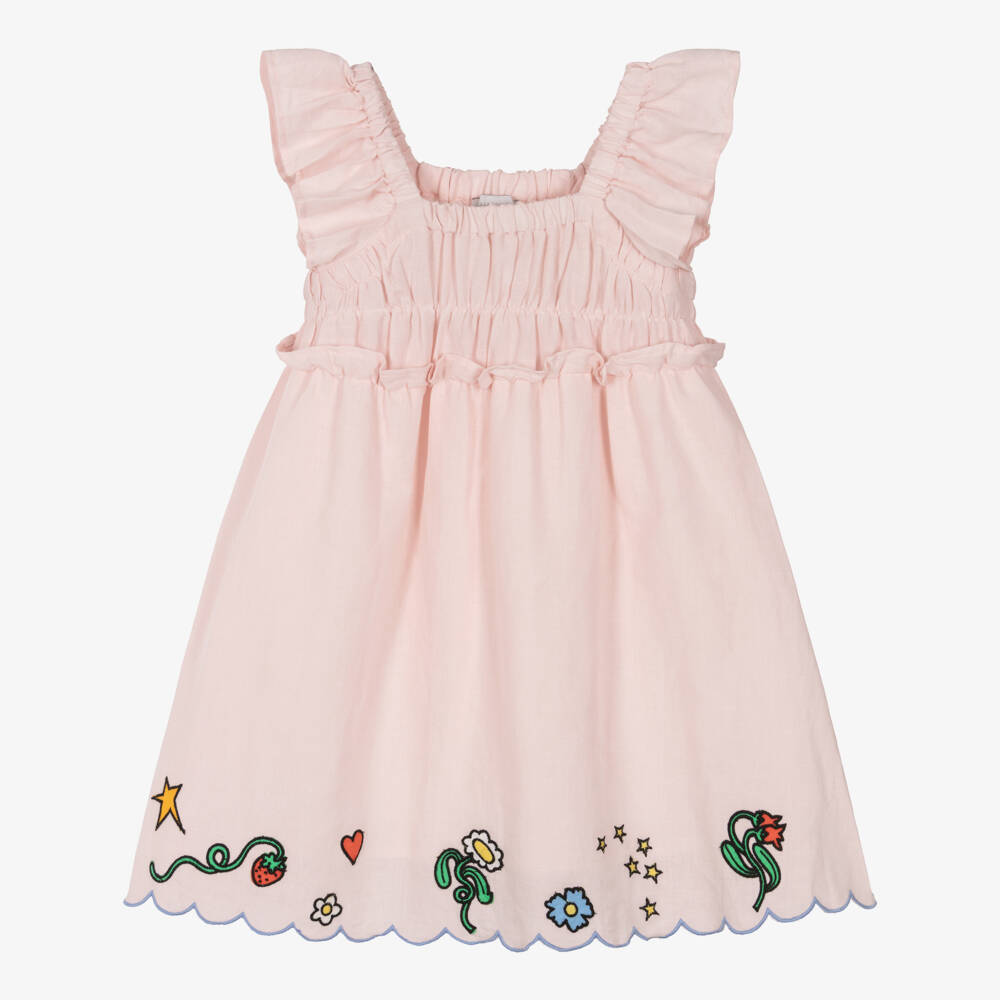 Stella McCartney Kids-Girls Pink Ruched Dress with Colourful Floral Hem | Childrensalon