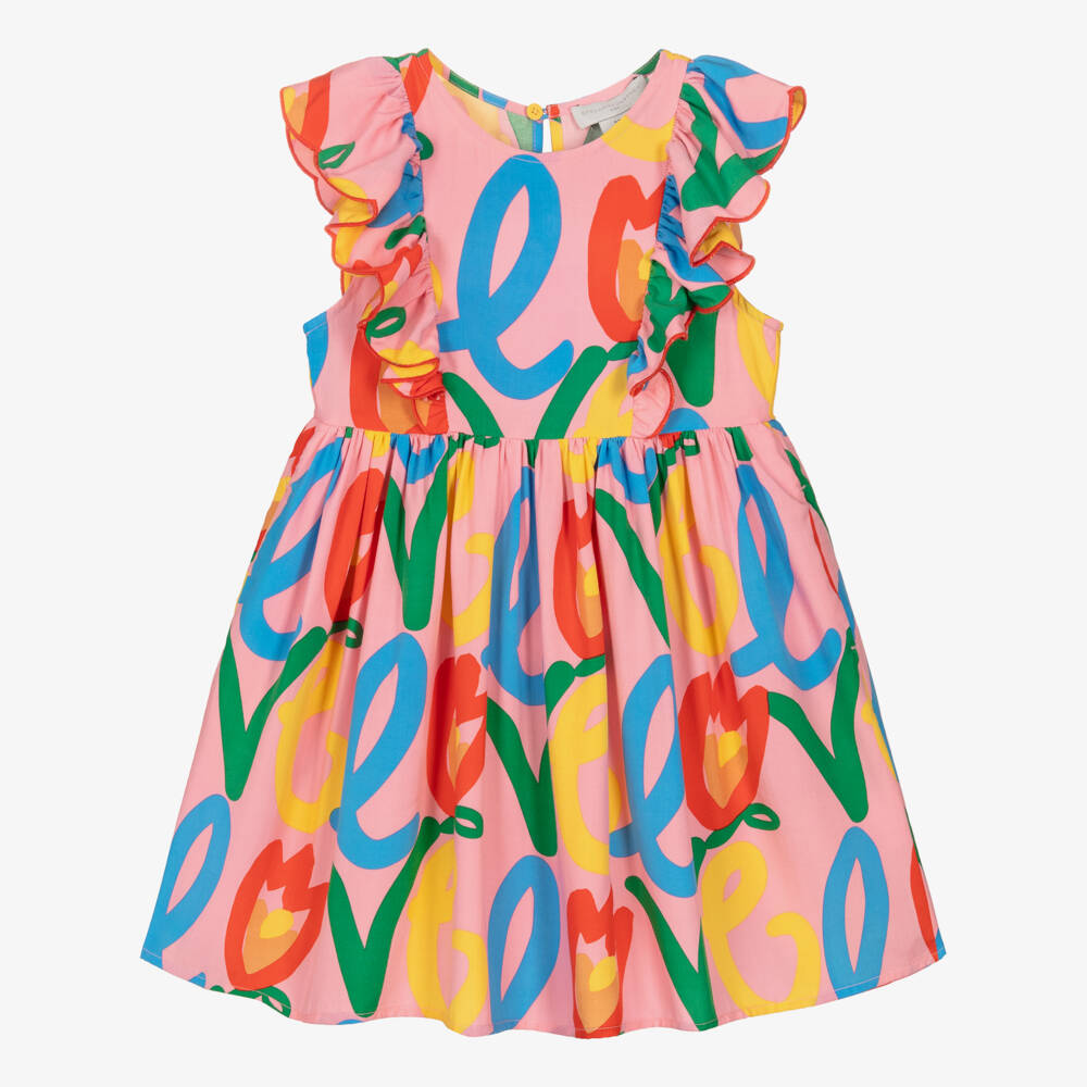 Stella McCartney Kids-Girls Pink Ruffle Dress with Tulip Love Print | Childrensalon