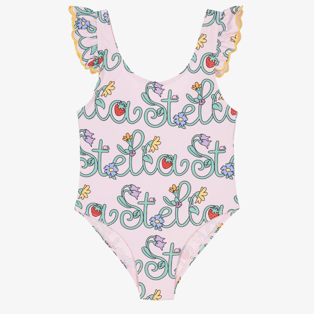 Stella McCartney Kids-Girls Pink Stella Vine Print Swimsuit (UPF50+) | Childrensalon