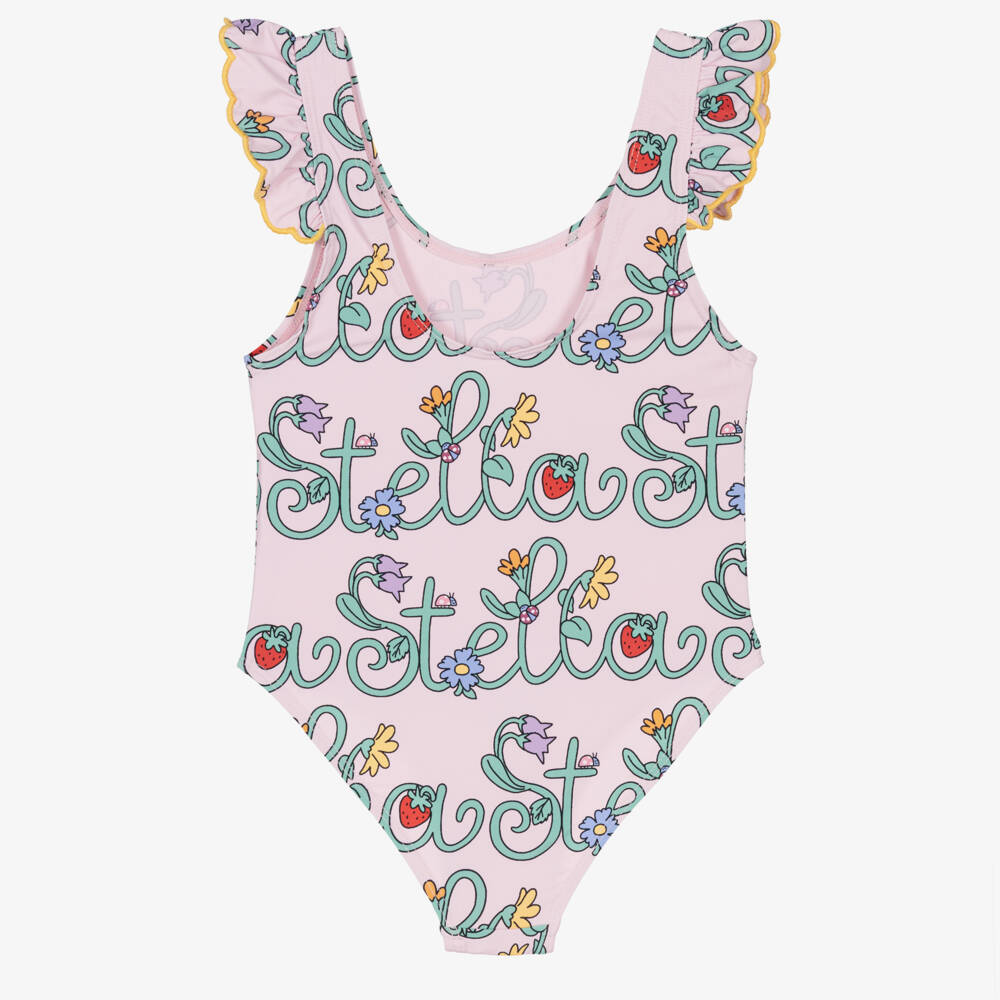 Stella McCartney Kids-Girls Pink Stella Vine Print Swimsuit (UPF50+) | Childrensalon