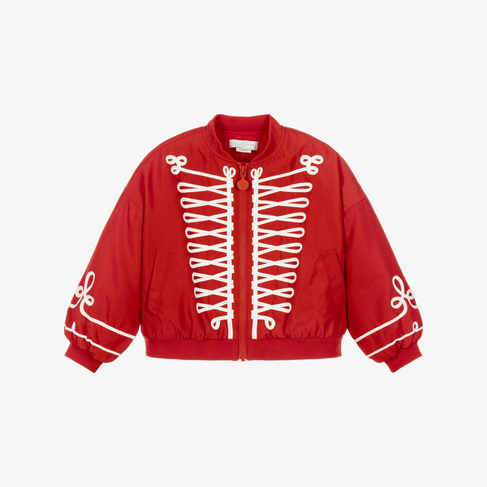 Stella McCartney Kids-Girls Red Bomber Jacket with Military Lacing | Childrensalon