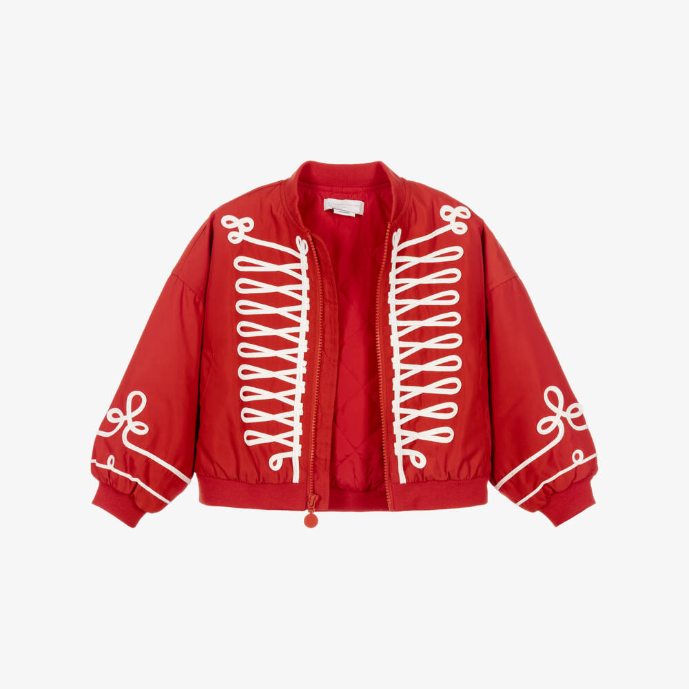 Stella McCartney Kids-Girls Red Bomber Jacket with Military Lacing | Childrensalon