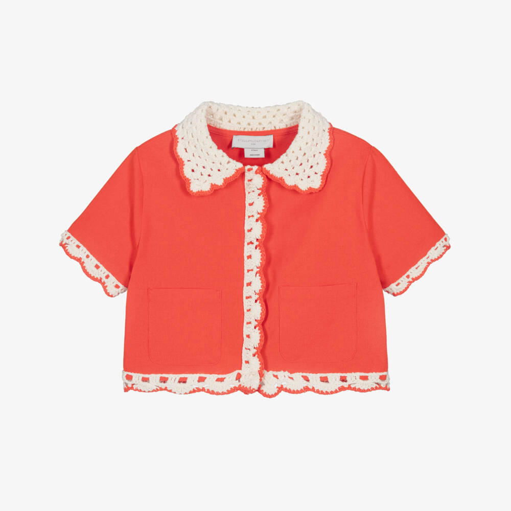 Stella McCartney Kids-Girls Red Cotton Blouse with Crochet Detail | Childrensalon