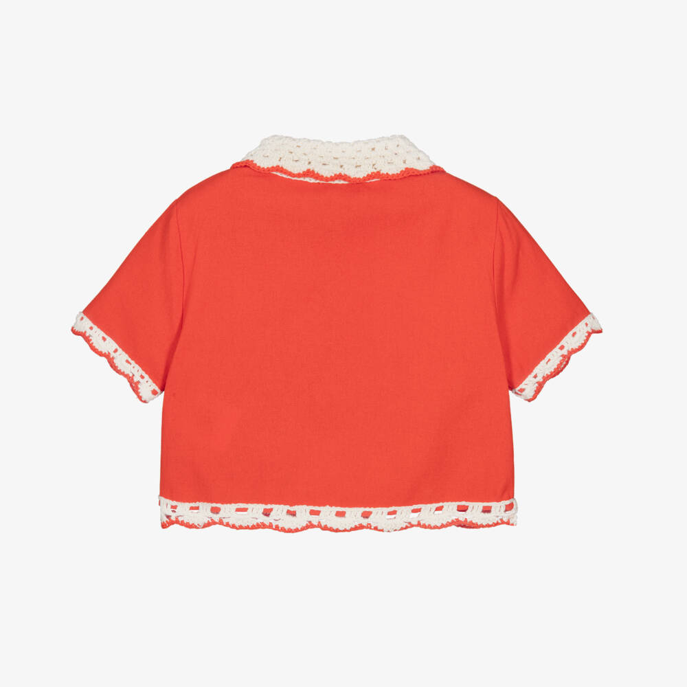 Stella McCartney Kids-Girls Red Cotton Blouse with Crochet Detail | Childrensalon