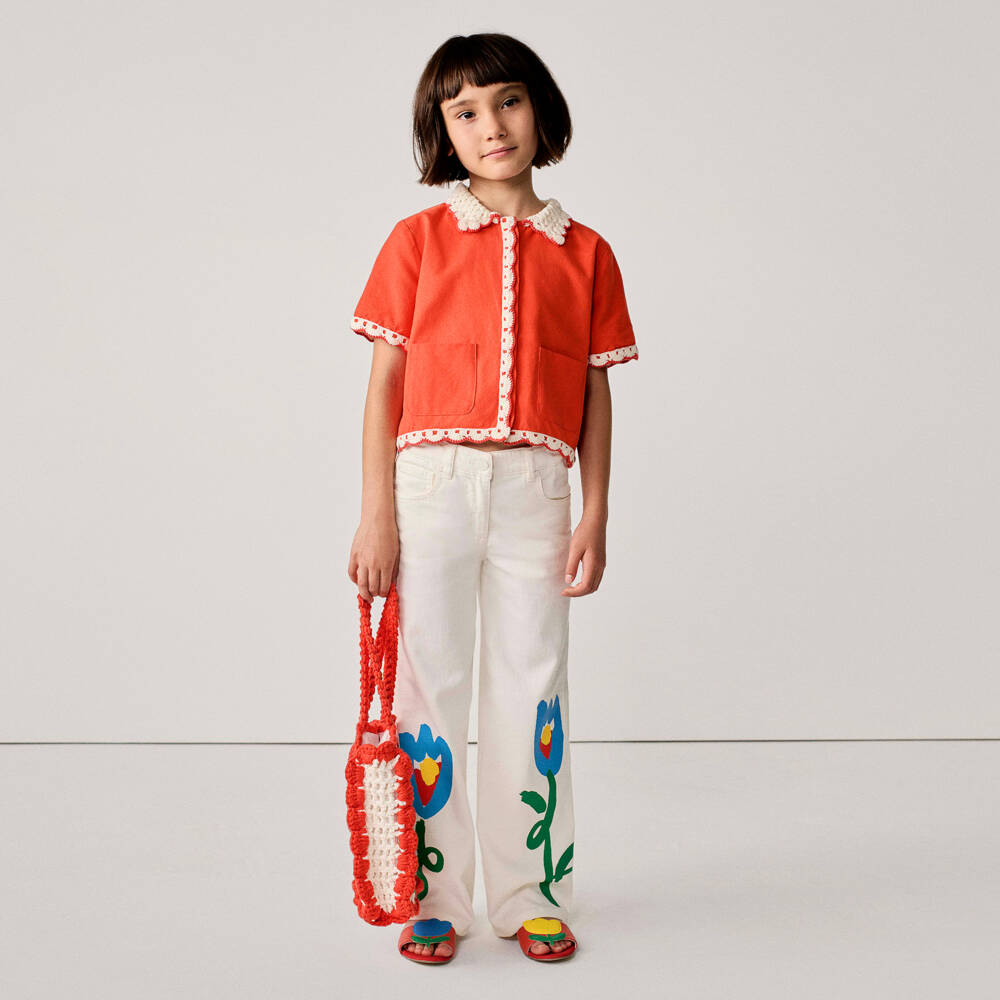 Stella McCartney Kids-Girls Red Cotton Blouse with Crochet Detail | Childrensalon
