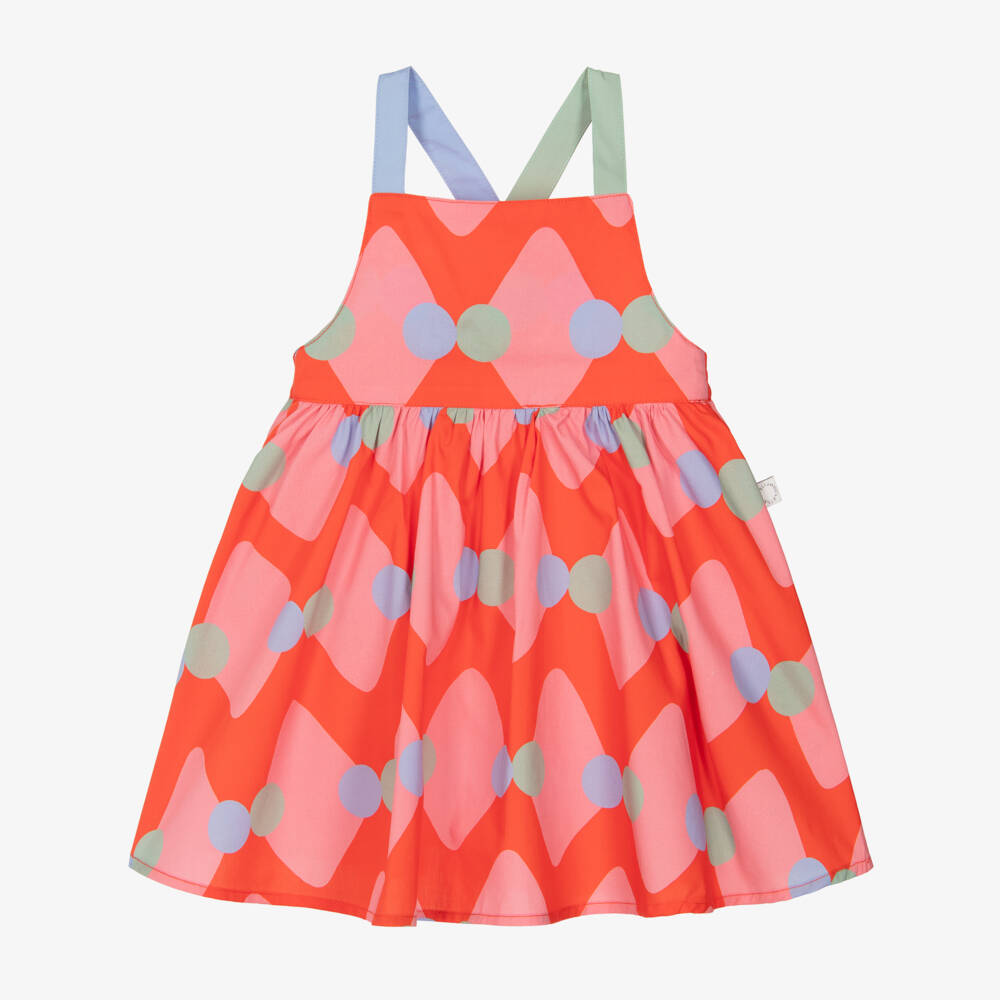Stella McCartney Kids-Girls Red Cotton Dress with Diamond & Dot Pattern | Childrensalon