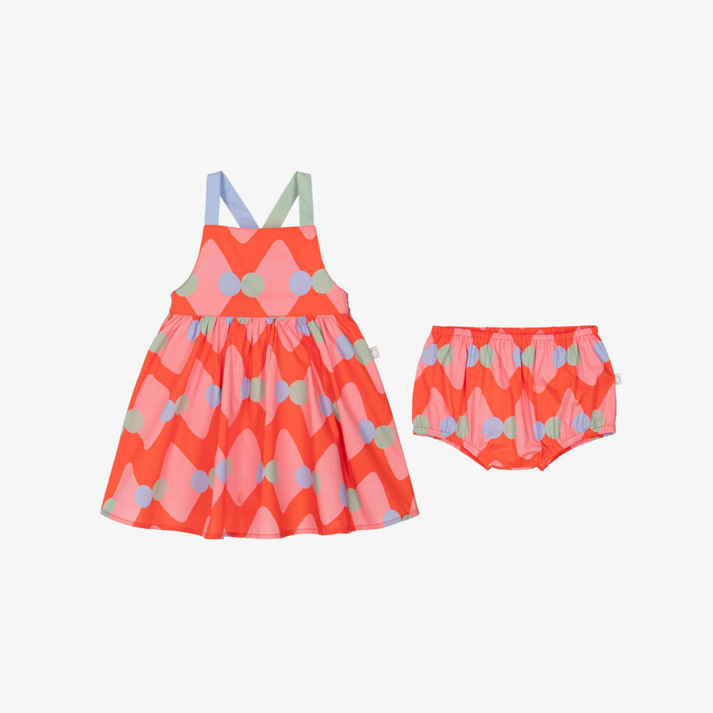 Stella McCartney Kids-Girls Red Cotton Dress with Diamond & Dot Pattern | Childrensalon