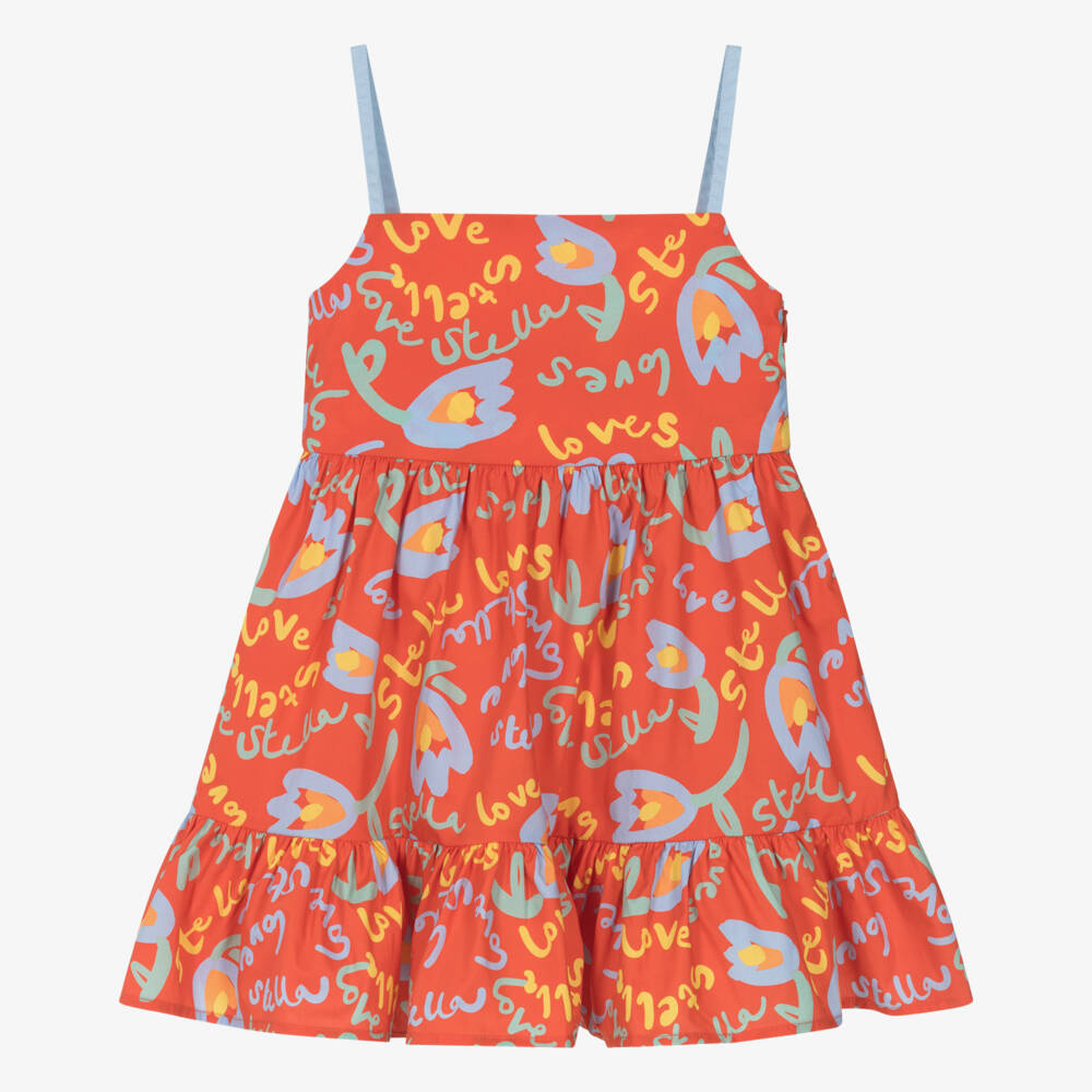 Stella McCartney Kids-Girls Red Cotton Sun Dress with Tulip Logo Print | Childrensalon