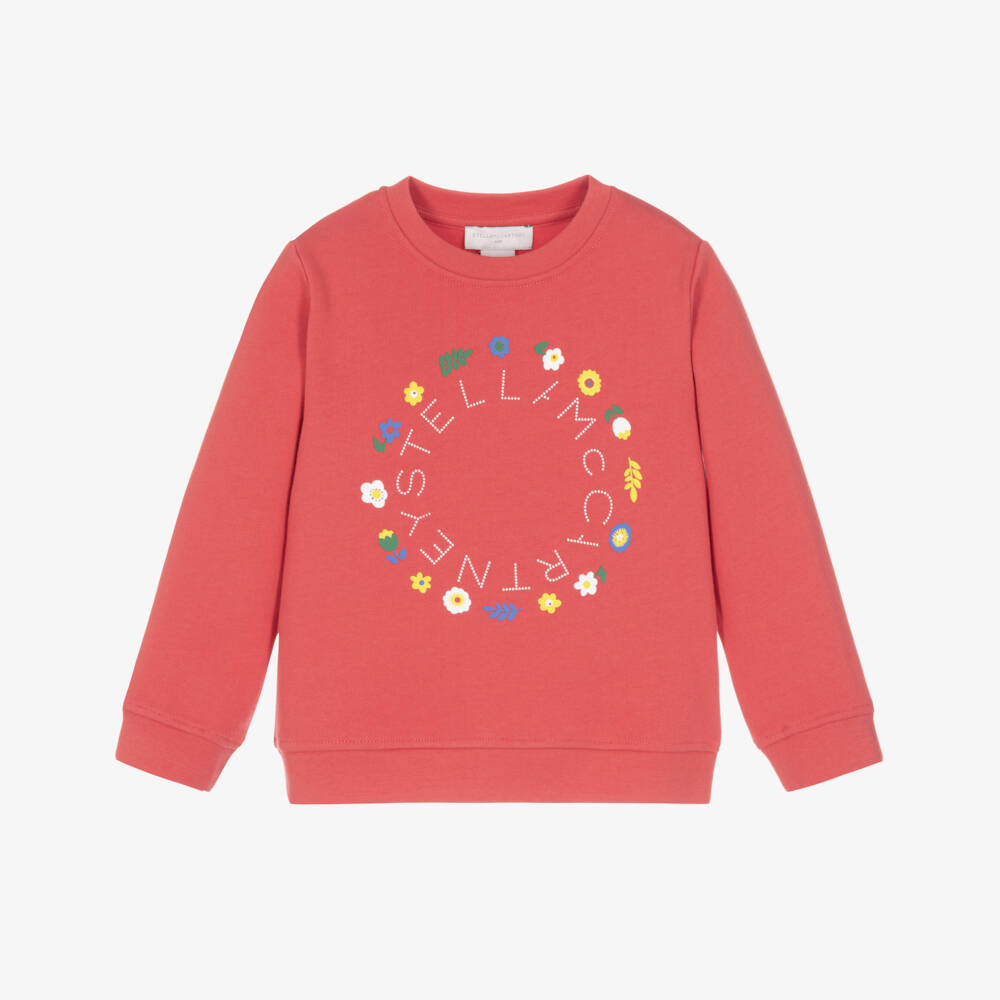 Stella McCartney Kids-Girls Red Cotton Sweatshirt with Floral Circular Logo | Childrensalon