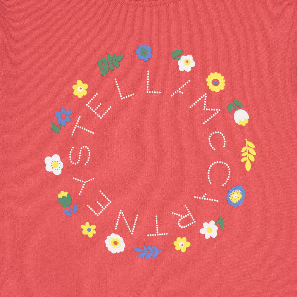 Stella McCartney Kids-Girls Red Cotton Sweatshirt with Floral Circular Logo | Childrensalon
