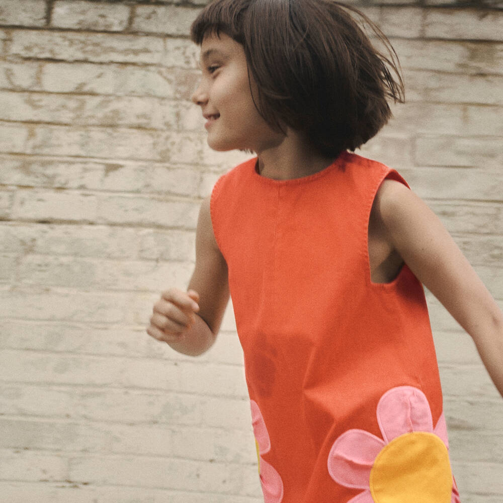 Stella McCartney Kids-Girls Red Denim Dress with Flower Motifs | Childrensalon