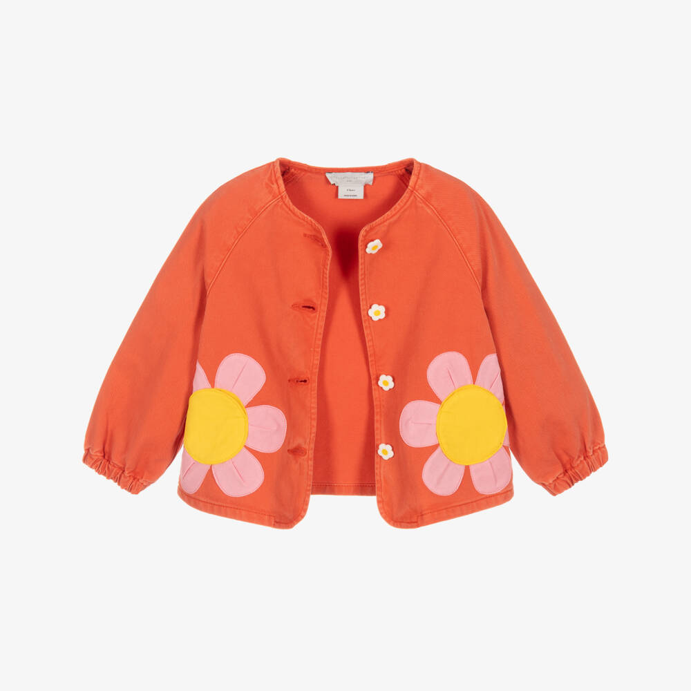 Stella McCartney Kids-Girls Red Denim Jacket with Flower Pockets | Childrensalon
