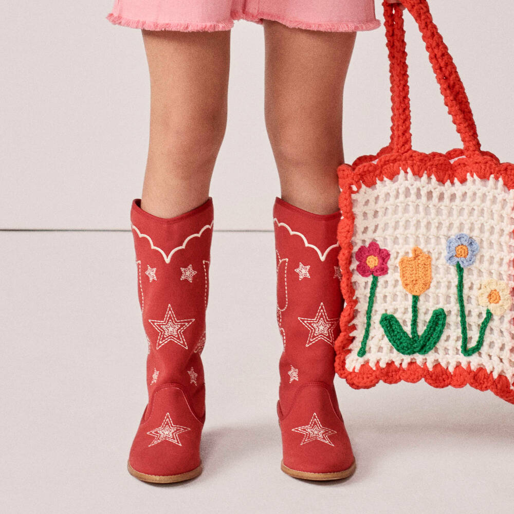 Stella McCartney Kids-Girls Red Embroidered Cowboy Boots | Childrensalon