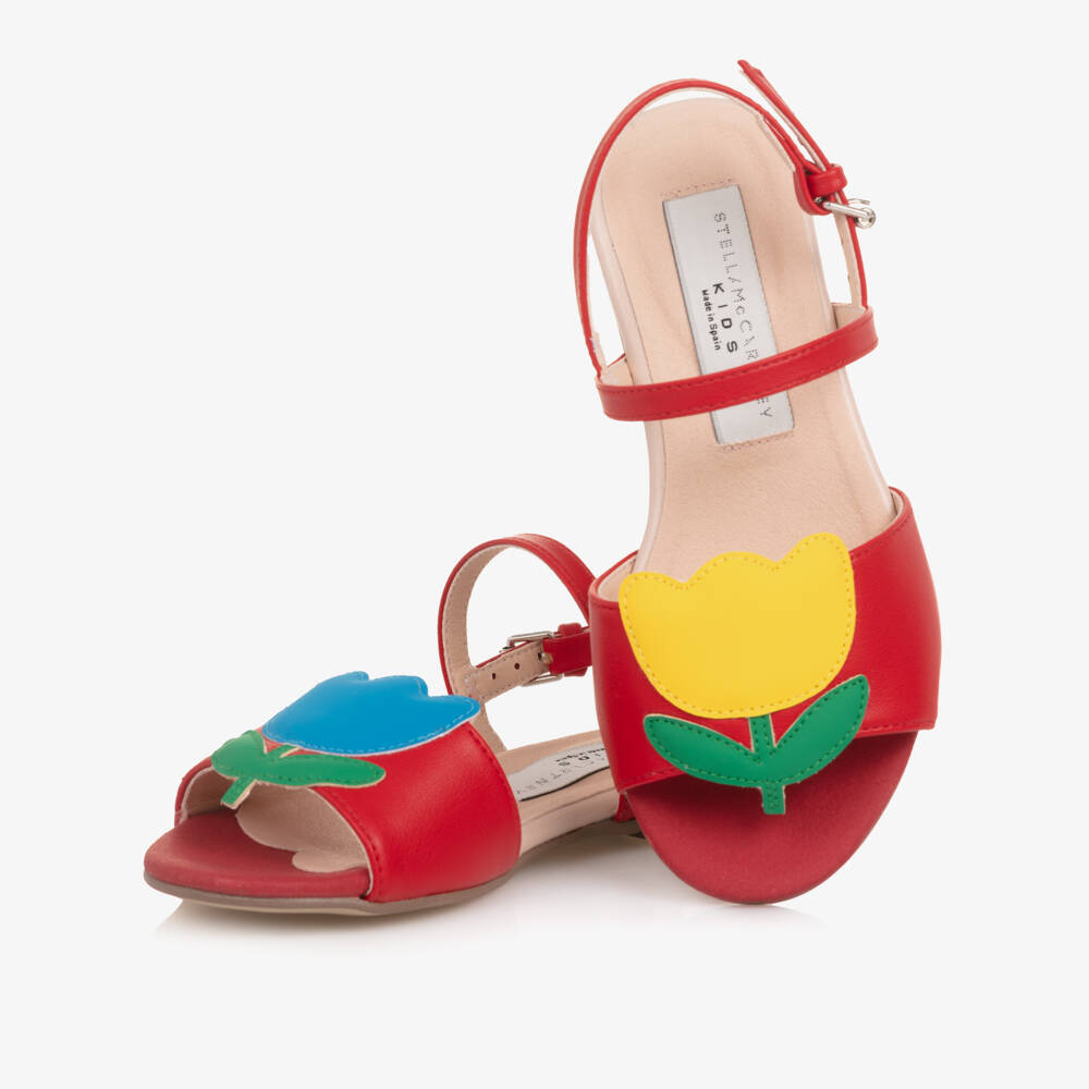 Stella McCartney Kids-Girls Red Faux Leather Sandals with Flower Motifs | Childrensalon