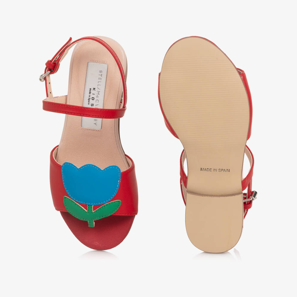 Stella McCartney Kids-Girls Red Faux Leather Sandals with Flower Motifs | Childrensalon