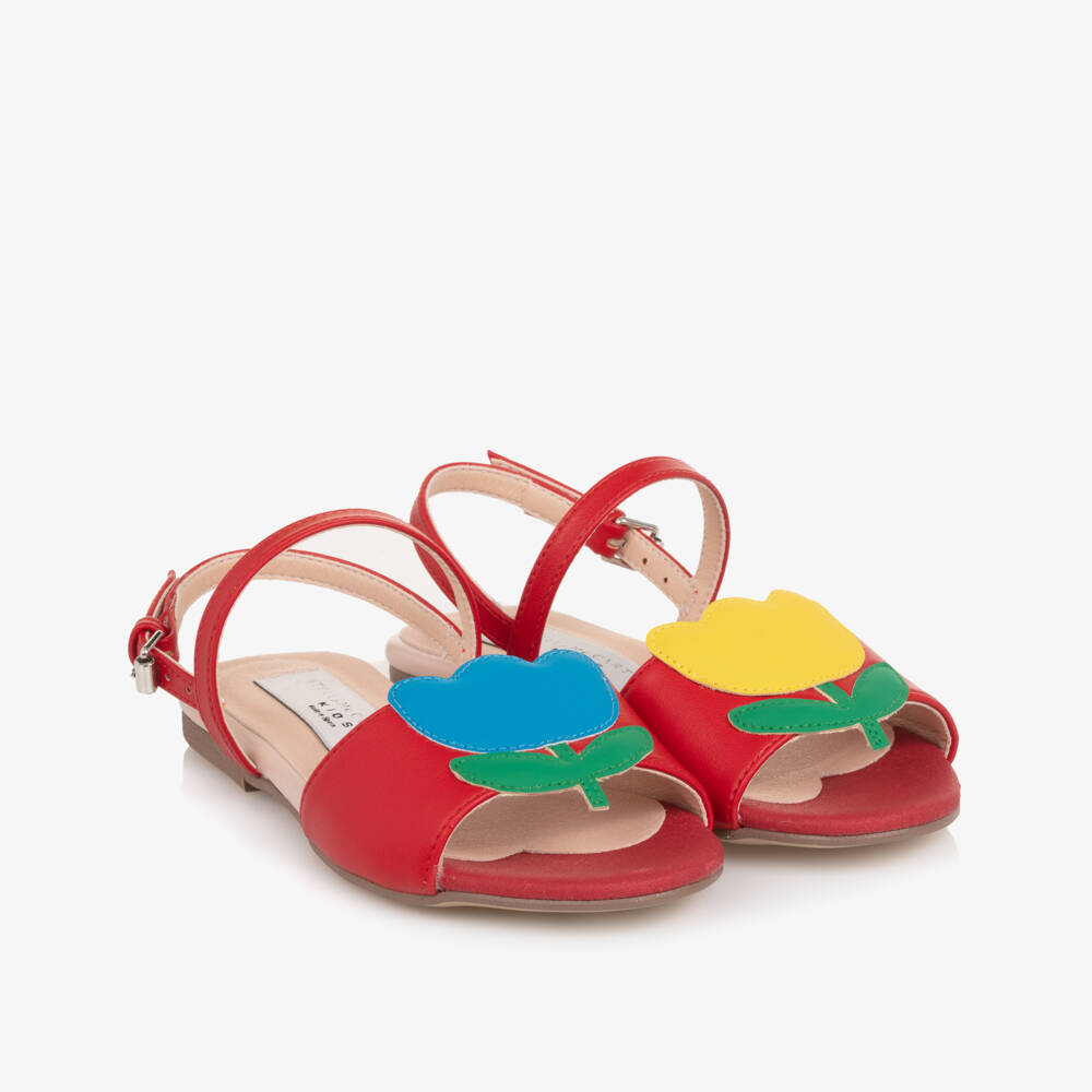 Stella McCartney Kids-Girls Red Faux Leather Sandals with Flower Motifs | Childrensalon