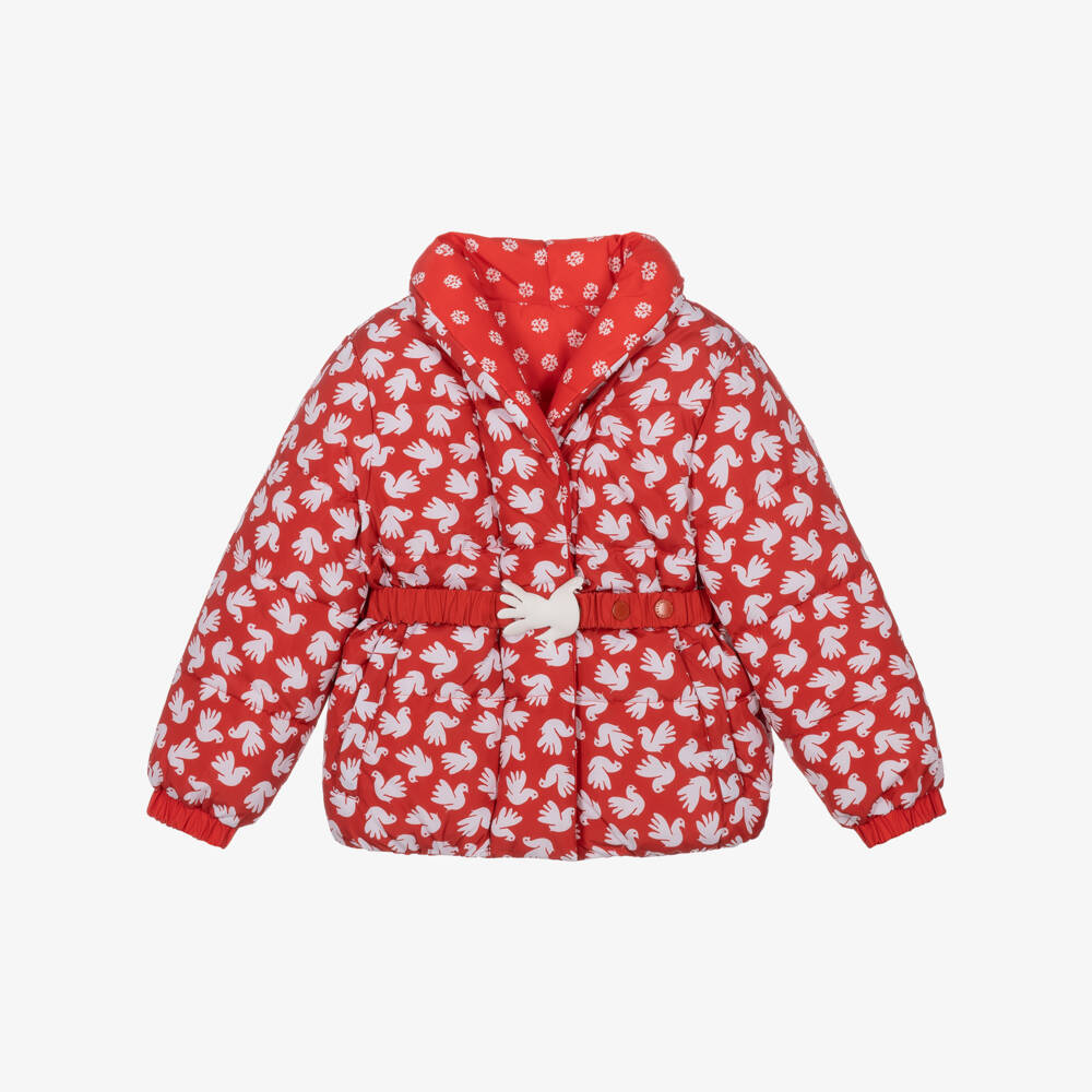 Stella McCartney Kids-Girls Red Floral & Dove Print Reversible Puffer Jacket | Childrensalon