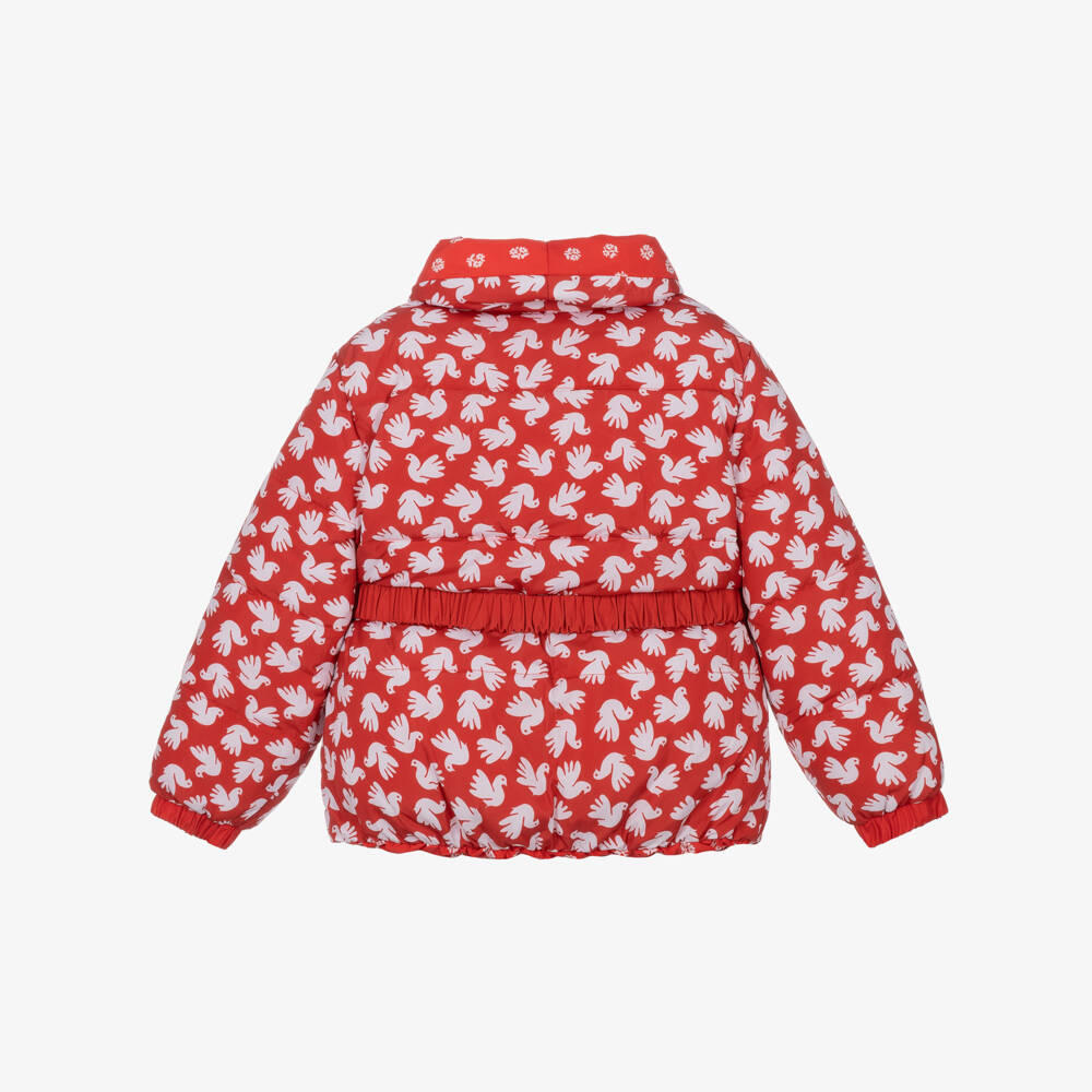 Stella McCartney Kids-Girls Red Floral & Dove Print Reversible Puffer Jacket | Childrensalon