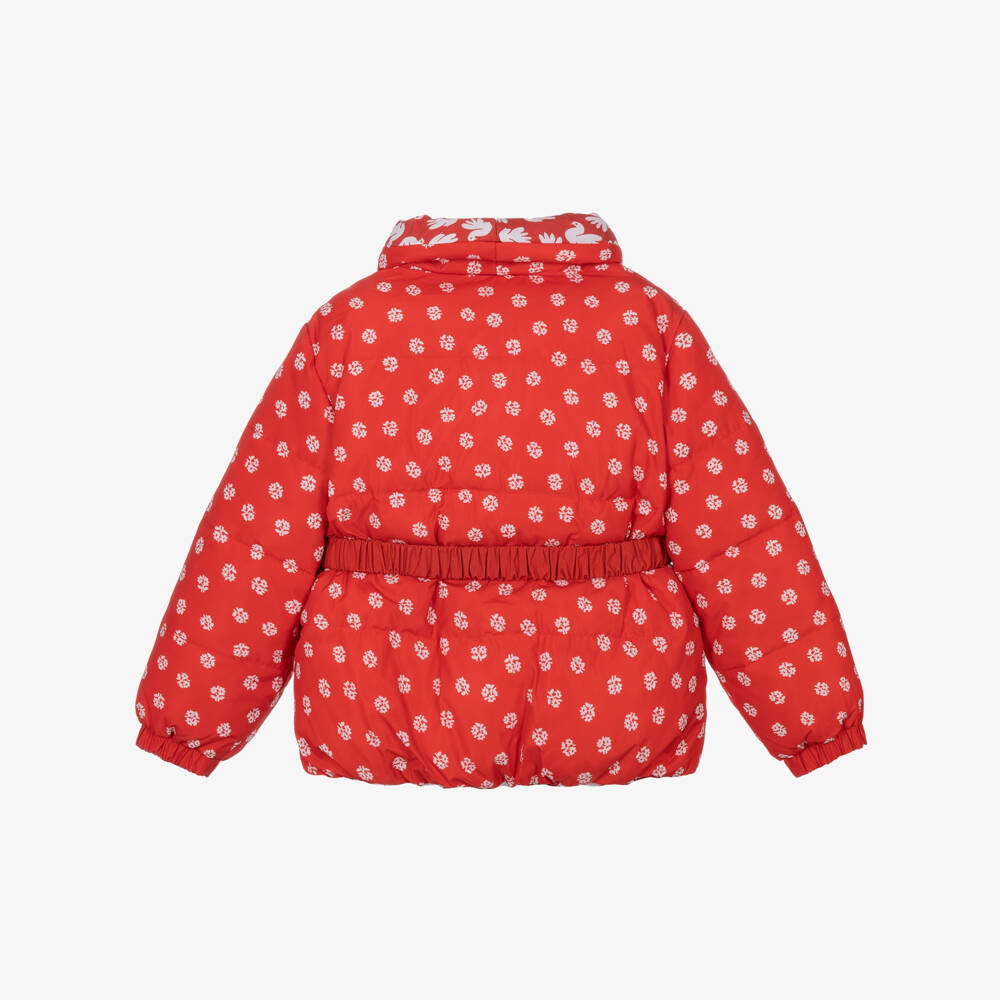 Stella McCartney Kids-Girls Red Floral & Dove Print Reversible Puffer Jacket | Childrensalon