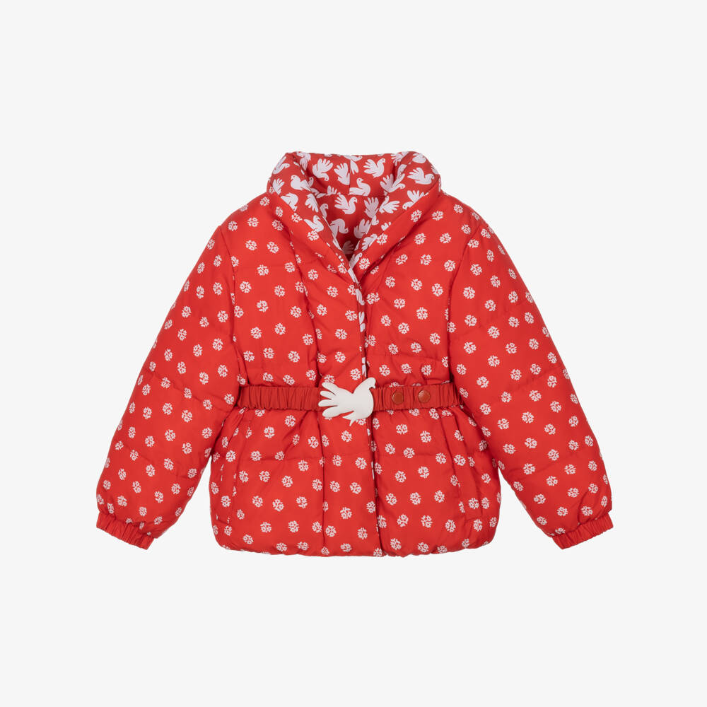 Stella McCartney Kids-Girls Red Floral & Dove Print Reversible Puffer Jacket | Childrensalon