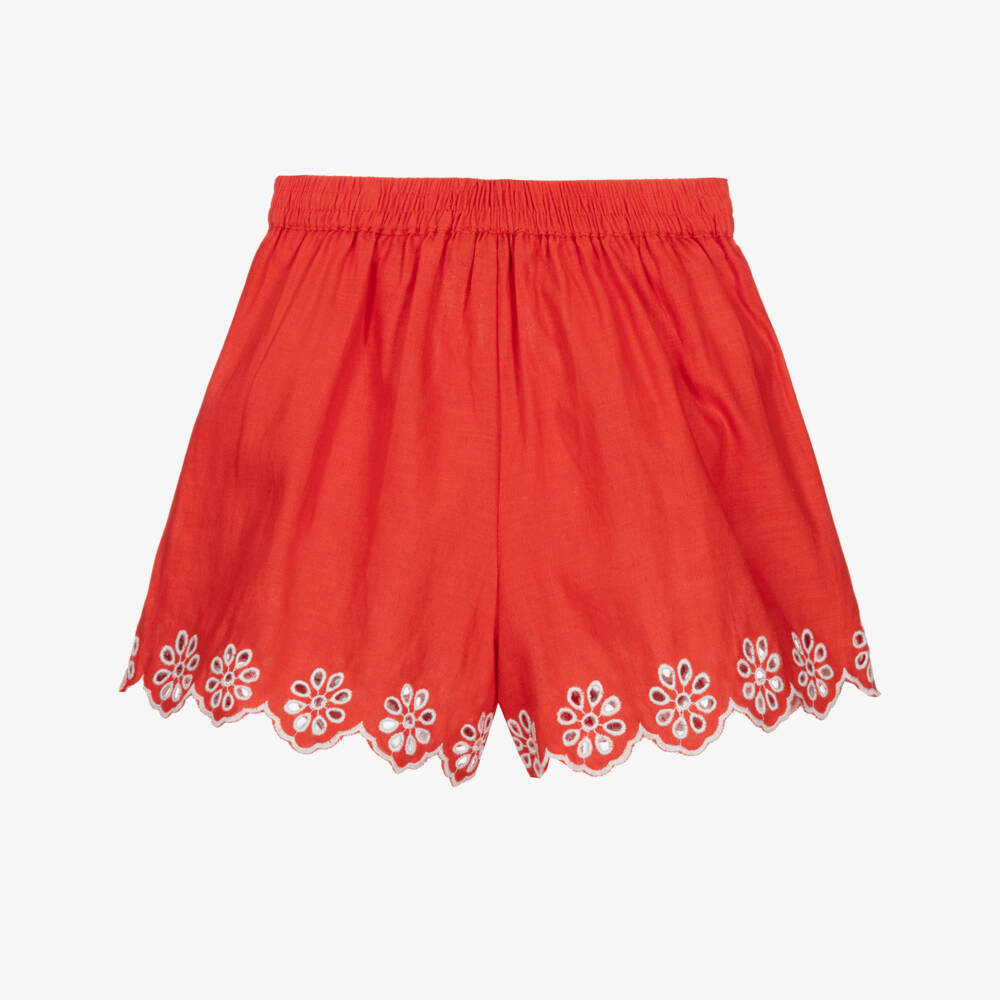 Stella McCartney Kids-Girls Red Linen & Cotton Broderie Anglaise Shorts | Childrensalon
