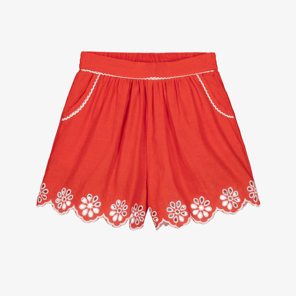 Stella McCartney Kids-Girls Red Linen & Cotton Broderie Anglaise Shorts | Childrensalon