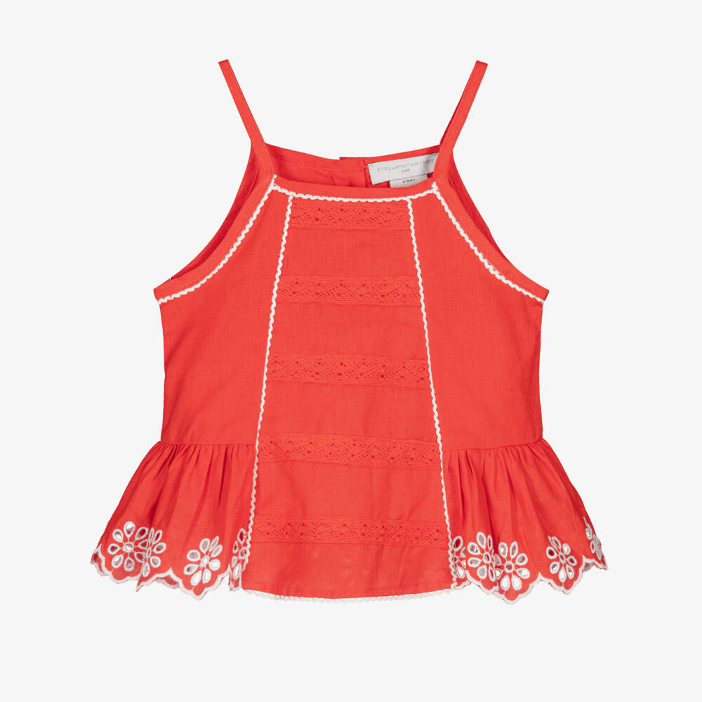 Stella McCartney Kids-Girls Red Linen & Cotton Broderie Anglaise Strappy Blouse | Childrensalon