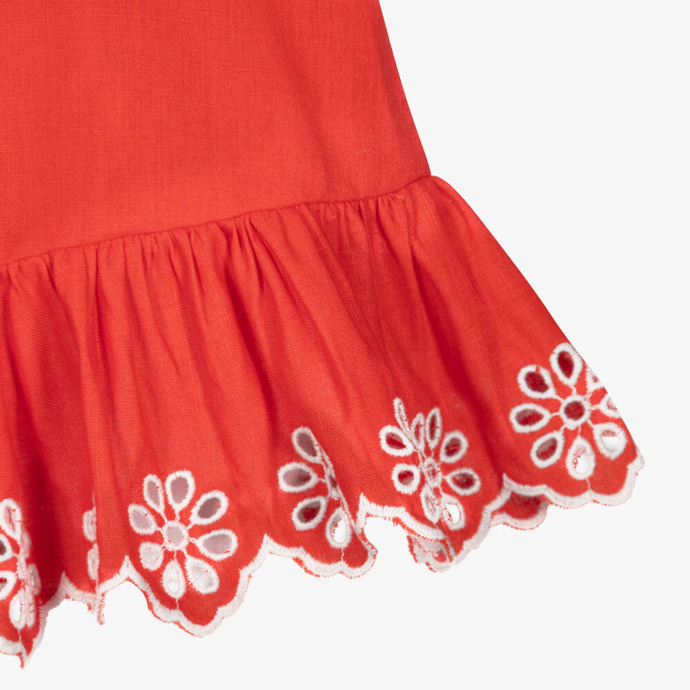 Stella McCartney Kids-Girls Red Linen & Cotton Broderie Anglaise Strappy Blouse | Childrensalon