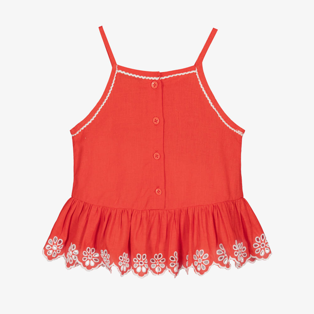 Stella McCartney Kids-Girls Red Linen & Cotton Broderie Anglaise Strappy Blouse | Childrensalon