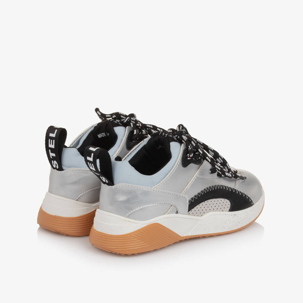 Stella McCartney Kids-Girls Silver Faux Leather Lace-Up Trainers | Childrensalon