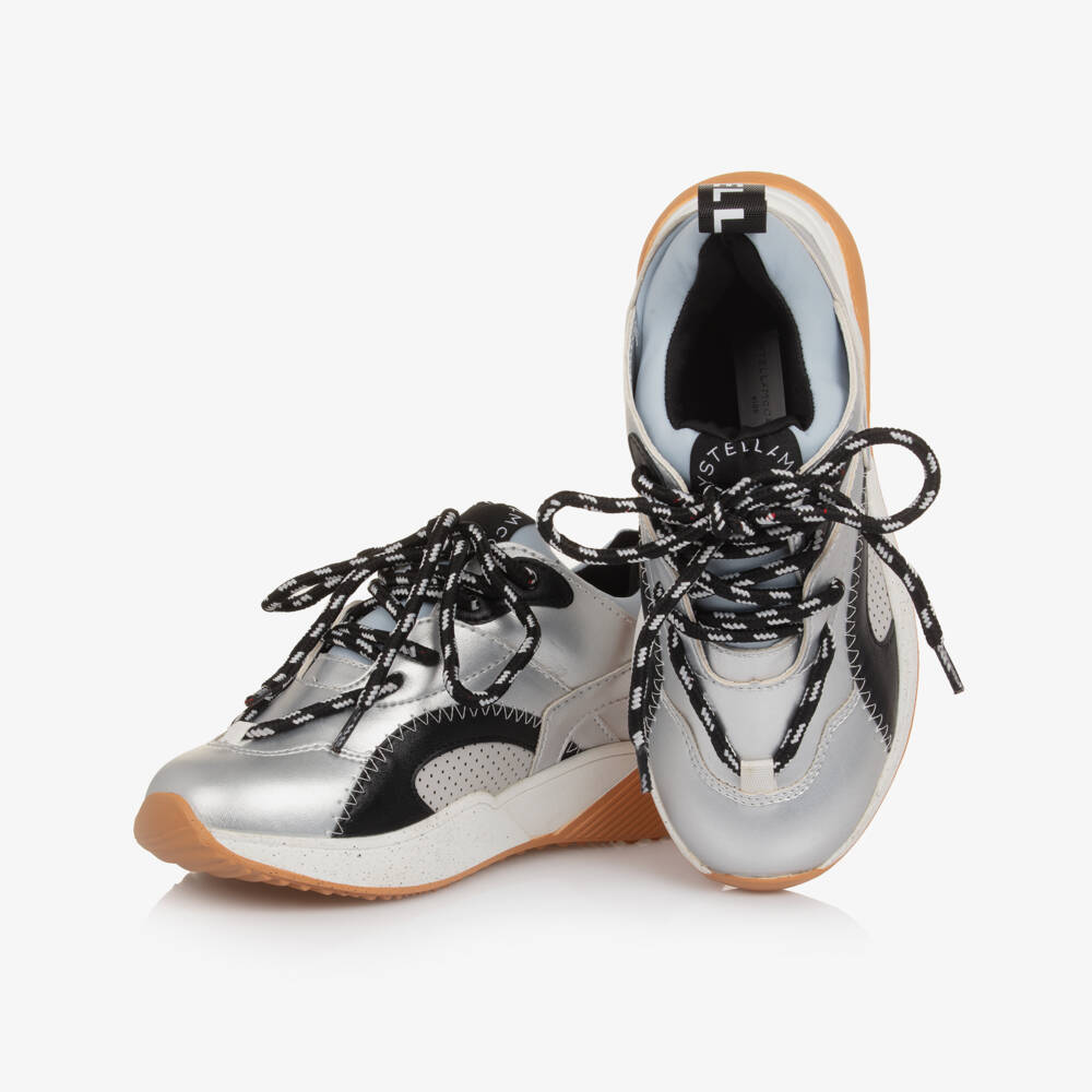 Stella McCartney Kids-Girls Silver Faux Leather Lace-Up Trainers | Childrensalon
