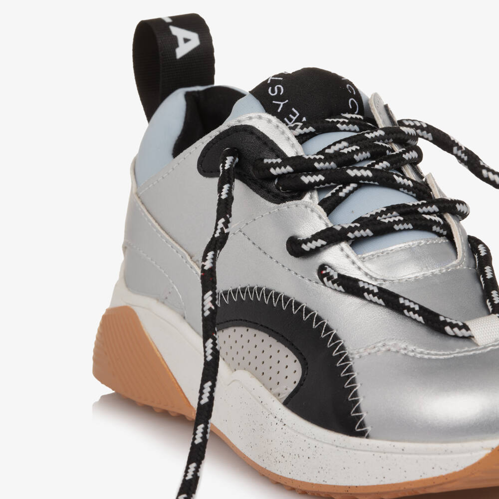 Stella McCartney Kids-Girls Silver Faux Leather Lace-Up Trainers | Childrensalon