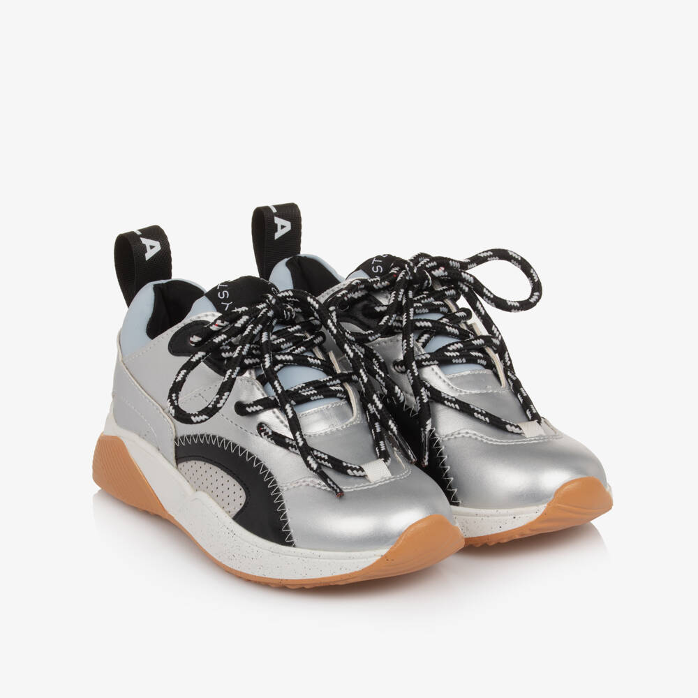 Stella McCartney Kids-Girls Silver Faux Leather Lace-Up Trainers | Childrensalon