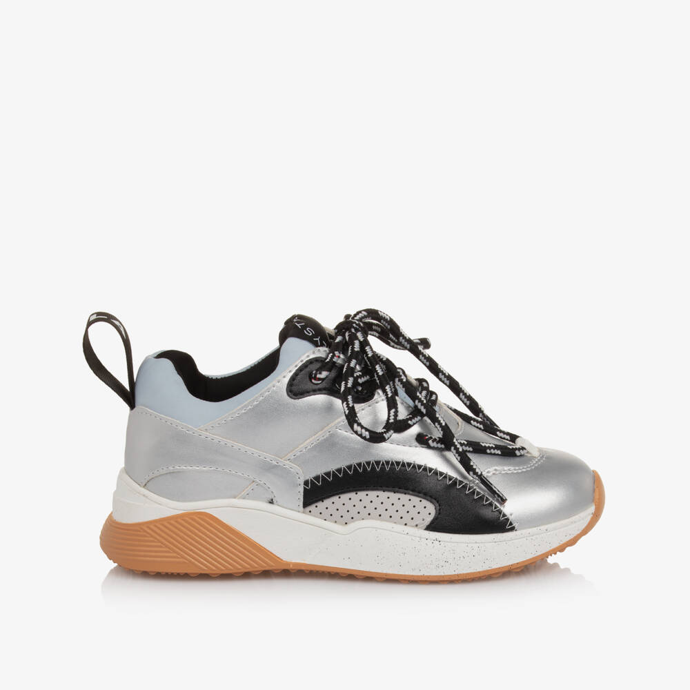 Stella McCartney Kids-Girls Silver Faux Leather Lace-Up Trainers | Childrensalon