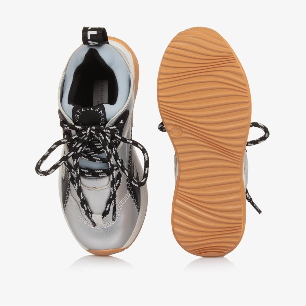 Stella McCartney Kids-Girls Silver Faux Leather Lace-Up Trainers | Childrensalon